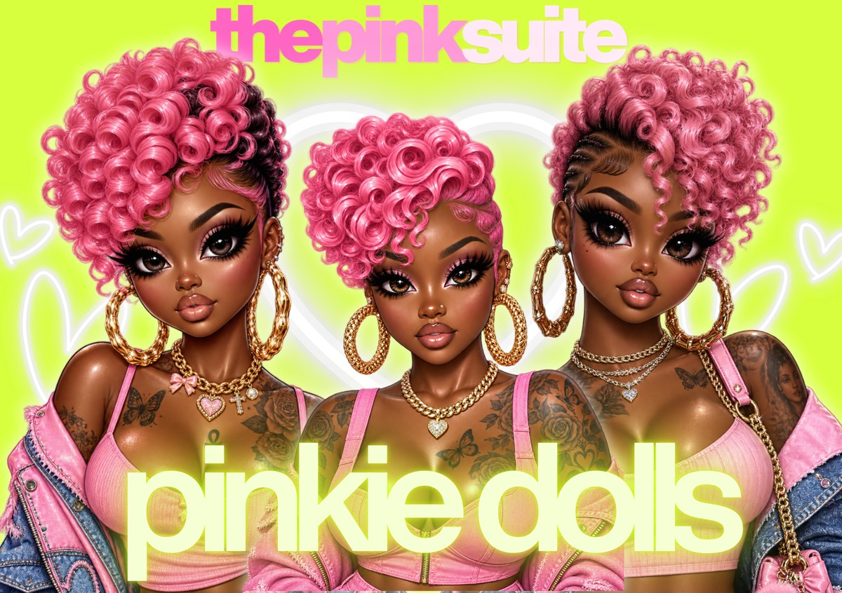 Pinkie Dolls character builder featuring three glossy pink-haired doll characters