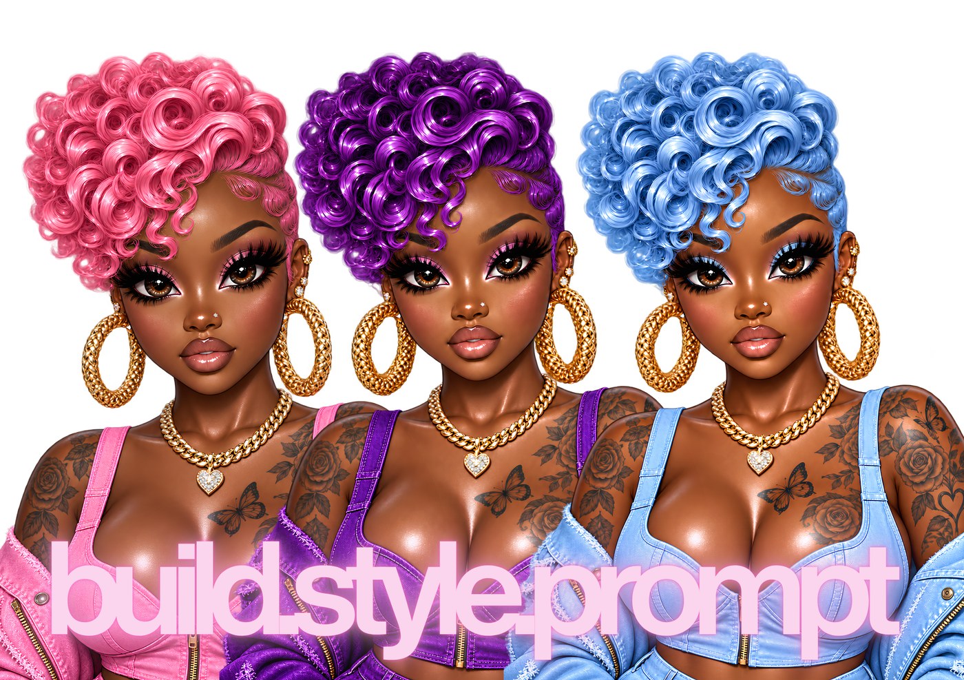 Pinkie Dolls build style prompt artwork featuring three color variations of the same glossy doll character